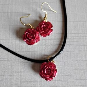 Rose Jewelry Set Necklace Earrings 18k Gold Plated Nickel Free Hooks